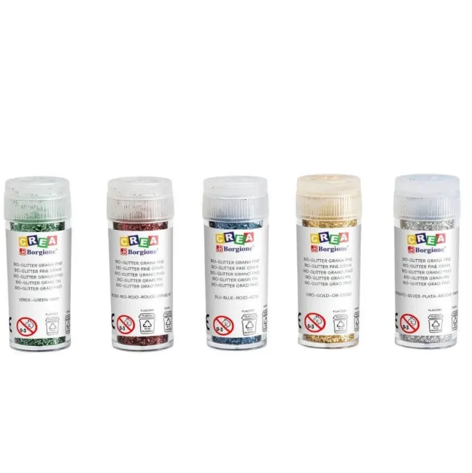 Brillantina glitter bio - grana fine - 5 colori da 8 grammi