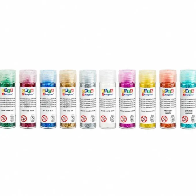 Brillantina glitter bio - grana fine - 10 colori da 8 grammi