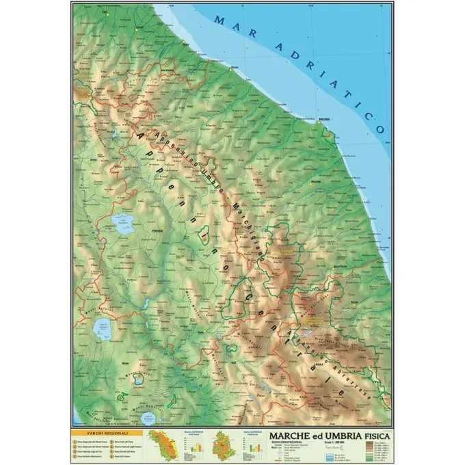 Marche e umbria -carta geografica bifacciale politica fisica