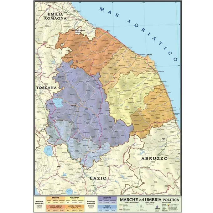 Marche e umbria -carta geografica bifacciale politica fisica